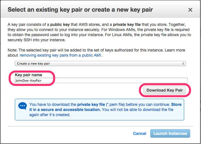 11. Your browser will download the private portion of the keypair to your PC. It will have a name like JohnDoe-KeyPair.pem.