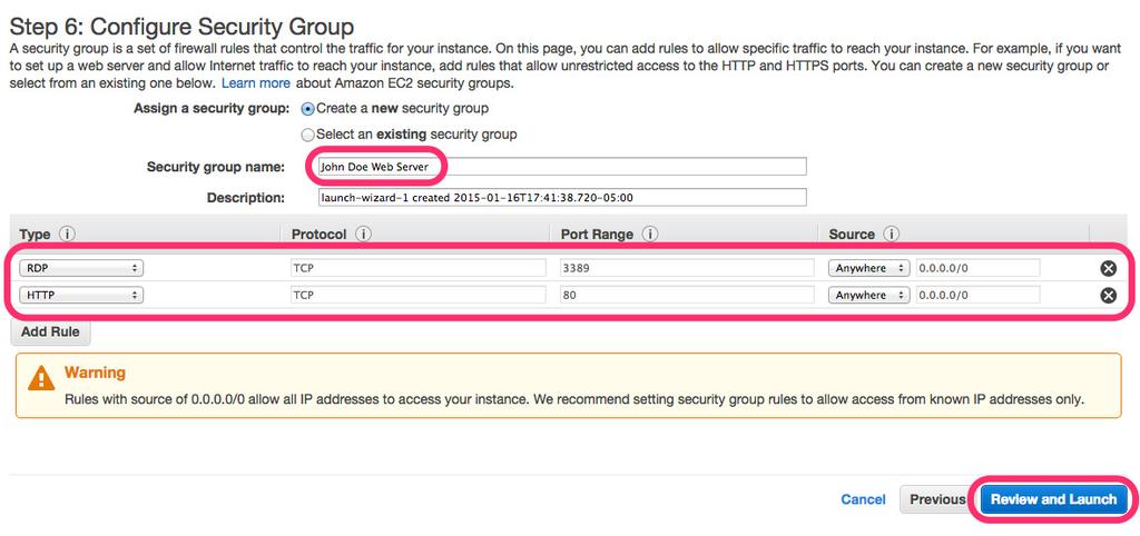 7. You will be prompted to create a new security group, which will be your firewall rules.