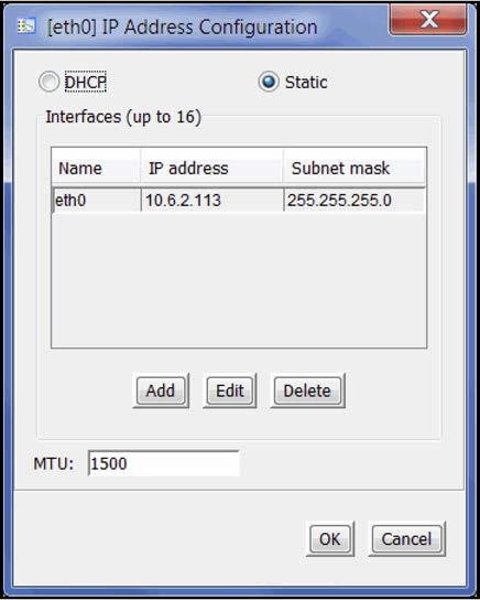2. Click Config NIC to configure each network interface card (NIC). If you select Static, you must click the Add button to add IP addresses and subnet masks.
