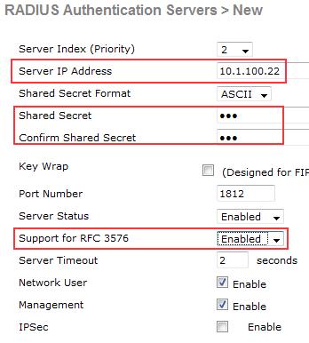 Step 4 Enter the ISE IP address and the Shared Secret. Step 5 Enable Support for RFC 3576. Step 6 Click Apply.