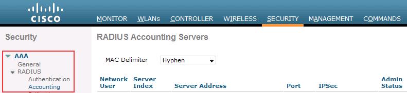 Accounting Servers, perform the following steps: Step 1 Log onto the Wireless LAN Controller (WLC) server GUI.