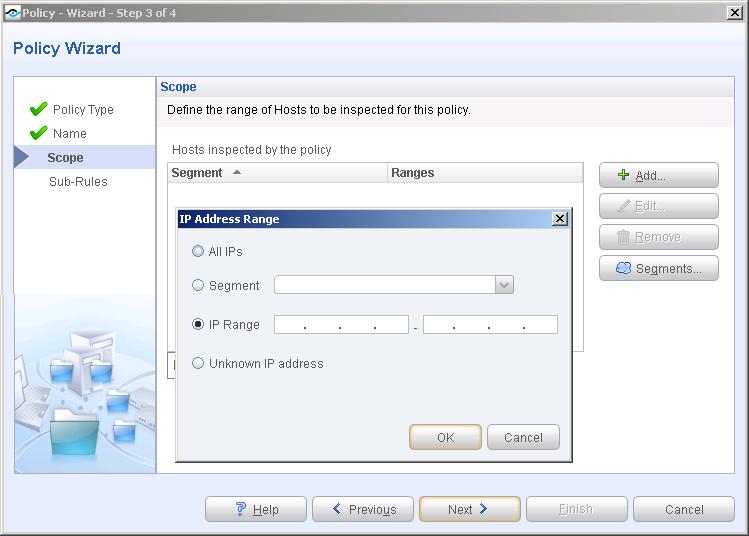 Choose the Hosts to Inspect 1. Use the IP Address Range dialog box to specify the hosts you want to inspect.
