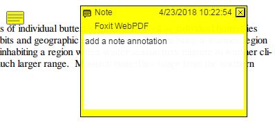 Click on the page where you would like to add a note. Once clicked, a yellow note icon appears and a popup window comes out on one side of your page.