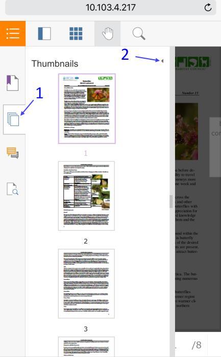Using Page Thumbnails Tap on the top toolbar to show the navigation pane. Tap the thumbnail icon to show the thumbnails panel. Swipe up or down to quickly browse page miniatures.