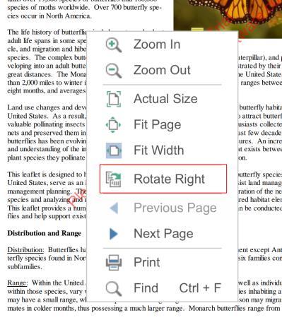 To change page orientation, you can do one of the following: Tap and hold anywhere on the PDF document to show the contextual menu, and choose Rotate Right option to rotate the pages.