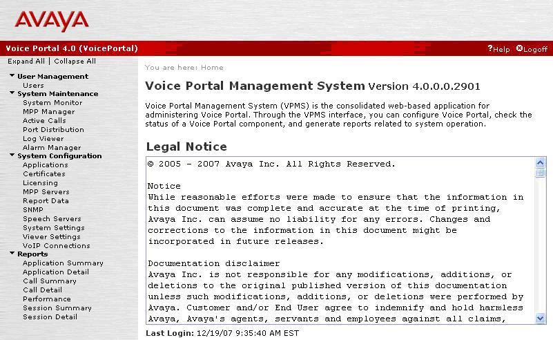 The Voice Portal Management System screen is displayed next, as shown below.