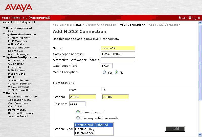 The Add H.323 Connection screen is displayed next. Enter a descriptive Name to denote Avaya Communication Manager.