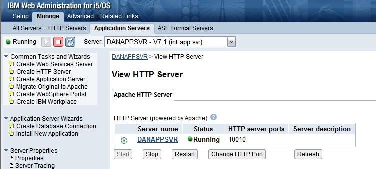 Manage Server View HTTP Server Work with the HTTP server associated