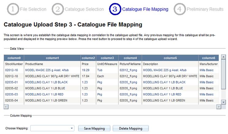 Field mapping links the file s data fields with the Requisition Web system s fields. Field mapping must be done for each catalogue upload.