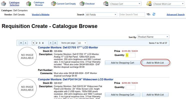 To return to browsing, from a shopping cart, users can also click on the Catalogue Selection link or the Catalogue Browse link in the header of the page.