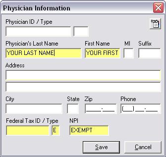 The Type E must be entered in the smaller of the two fields. This is YOUR Tax ID (not the Tax ID of your patient s doctor). NPI If you have an NPI enter it. If you do not, enter the word EXEMPT.