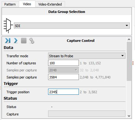 Run a burst capture with trigger 1. Select Video tab 2. Select SDI data group 3. Set up a capture with e.g. 100 captures of 3584 samples 4.