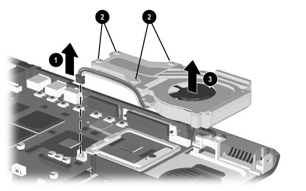 Removal and Replacement Procedures 2. Disconnect the fan cable from the system board 1 (Figure 5-29). 3. Loosen the four PM2.0 9.