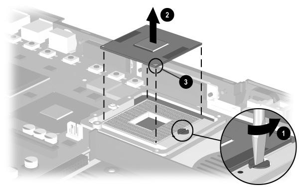 Removal and Replacement Procedures 2. Use a flat-bladed tool to turn the processor locking screw 1 one-half turn counterclockwise (Figure 5-30). 3. Lift the processor straight up and remove it 2.