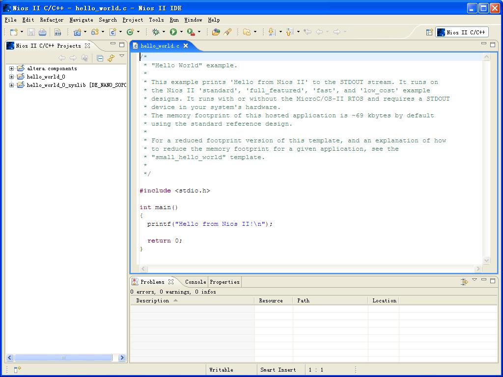Figure 7-566 Nios II IDE C++ Project Perspective for hello_world_0 When you create a new project, the NIOS II IDE creates two new projects in the NIOS II C/C++ Projects tab: hello_world_0 is your