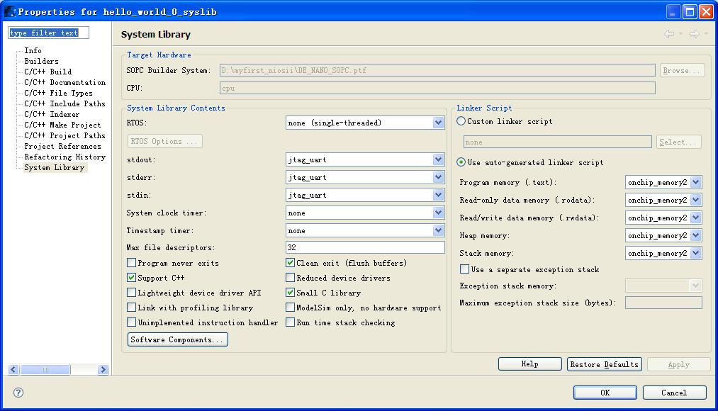 Figure 7-59 Configuring System Library Properties 5. Click OK to close the Properties for hello_world_0_syslib dialog box and return to the IDE workbench.