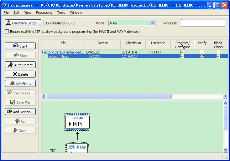box, a Factory default SFL image will be load (See Figure 9-6). Figure 9-6 Quartus II programmer window with one JIC file 3. Click Start to program serial configuration device.