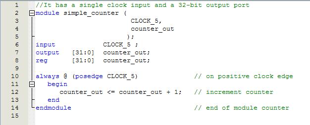 always @ (posedge CLOCK_5) // on positive clock edge begin counter_out <= counter_out + 1;// increment counter end endmodule // end of module counter Figure 6-15 The Verilog File of