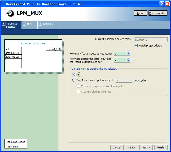 Figure 6-34 lpm_mux settings 9. Click Next. 10. Click Next. 11. Select the counter_bus_mux.