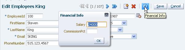 When we now generate the page, the Financial Info iconic button is generated in the group toolbar. Since the ShowFinancialInfo item also has Display in Table Layout?