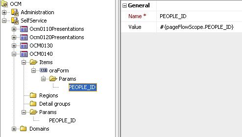 In the oraformsfaces item, add a parameter also named PEOPLE_ID, and set the value to the EL expression