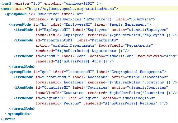 To do this, we can change the menu-hrservice.xml and group the items within two groupnode elements as shown below: 9.1.3.
