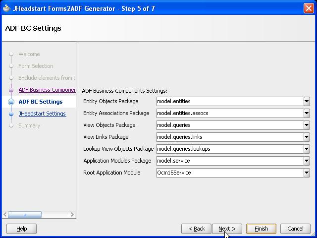 14.3.4. ADF Business Components Settings The following properties need to be set on the Generator Settings panel: Service Name: This is the name that is used to create the JHeadstart Application