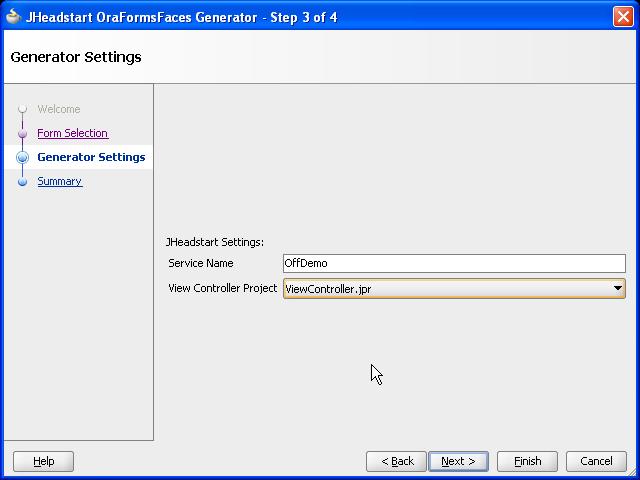 15.2.2. Generator Settings The following properties need to be set on the Generator Settings panel: Service Name: This is the name that is used to create the JHeadstart Application Definition file