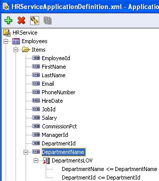 In the Application Definition you then have to create an item DepartmentName (after first creating it in the ADF BC View Object), and link an LOV to that item.