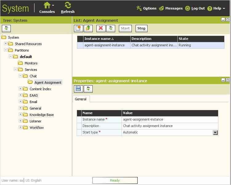 4. Browse to Partitions > Partition > Services > Chat > Agent Assignment and configure the instance to start