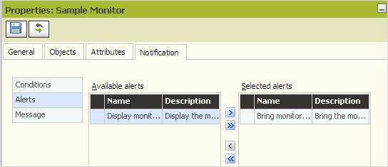 And, for partition resources, select from the list of available service instances. 5. Next, go to the Attributes tab and select the attributes of the objects to be monitored. 6. Click the Save button.