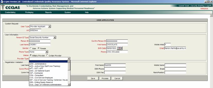 Exhibit 2.3-4. User Application Screen A value for Provider Type which describes the capacity in which the applicant will be functioning at the indicated UIC, must be selected from the pick list.