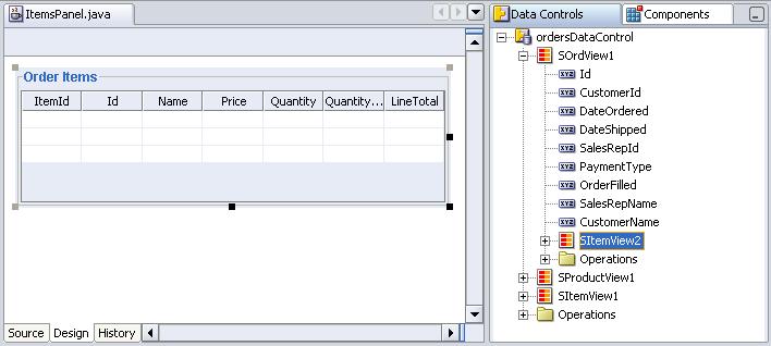A UI component can be created by dragging an element from the data model onto the Swing panel and Oracle ADF automatically creates the binding from the data model to the UI control.