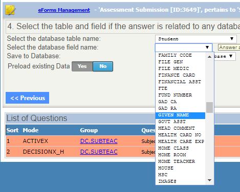 Select the database field name: Also select to show existing