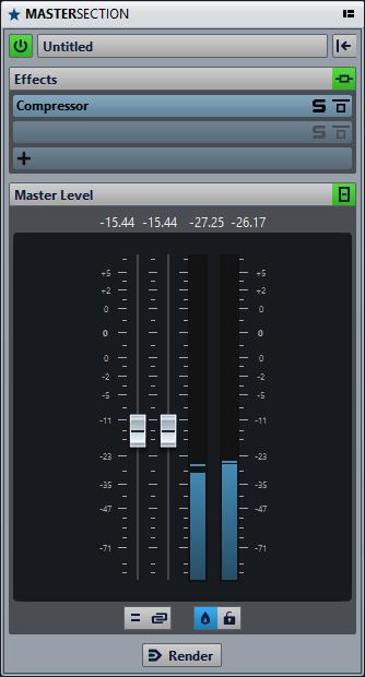 Master Section Master Section Window The Master Section consists of the following panes: Effects Master Level Signal Path The panes in the Master Section window correspond to the processing blocks of