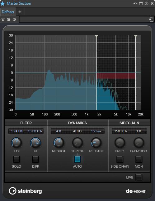 Plug-in Reference DeEsser DeEsser This effect reduces excessive sibilance, primarily for vocal recordings.