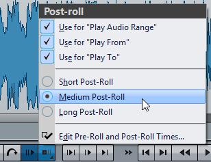 The pre-roll and post-roll times are displayed in the time ruler. To activate pre-roll and/or post-roll, activate Perform Post-Roll and Perform Pre-Roll on the transport bar.