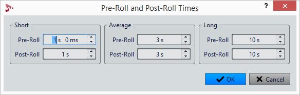 Here, you can also select a play option for the pre-roll/post-roll, and you can open the Pre-Roll and Post-Roll Times dialog.