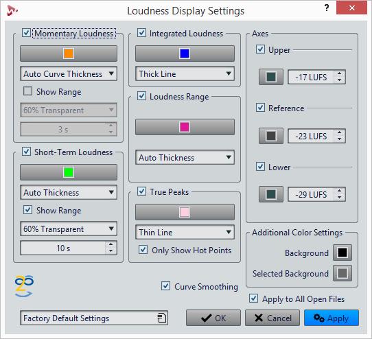 Audio File Editing Wave Window Momentary Loudness/Short-Term Loudness Color Lets you edit the color of the associated element. Curve Thickness Lets you customize the curve thickness.