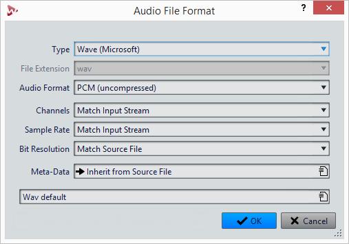 Audio File Editing File Handling in the Audio Editor Audio File Format Dialog In this dialog, you can change various file settings when saving.