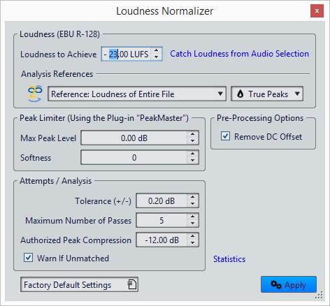 Offline Processing Loudness Normalizer Loudness Normalizer You can use the Loudness Normalizer to achieve a specific loudness. NOTE Increasing the loudness to a specific value can provoke clipping.