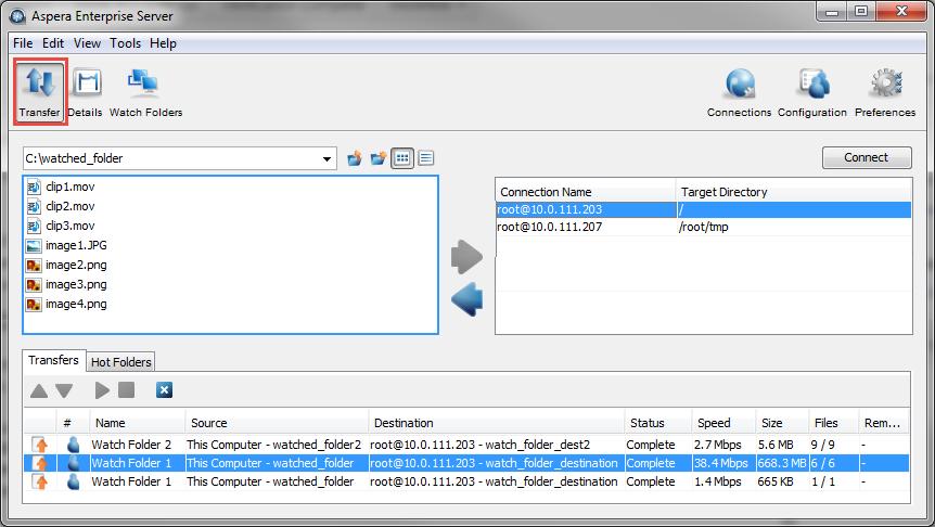 Watch Folders and the Aspera Watch Service 233 Transfers Transfers associated with Watch Folders can be monitored from the Transfer page of the Enterprise Server GUI.