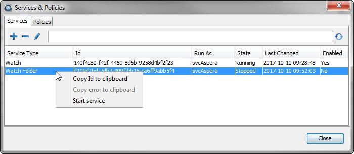 Watch Folders and the Aspera Watch Service 234 Tip: Right-click a service to copy its ID or error (if present) to your clipboard. Add a Service Create a new service by clicking.