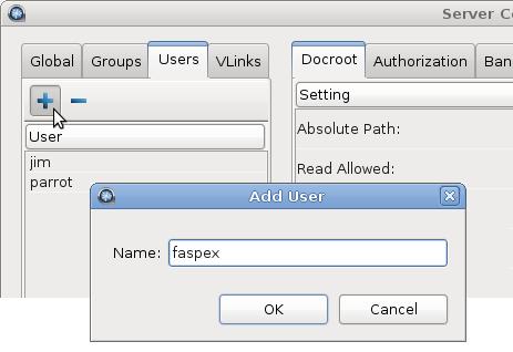 Configuring for Other Aspera Products 289 In Server Configuration, open the Users tab. Then click the button. In the Add User dialog that appears, fill in the name faspex and click OK.