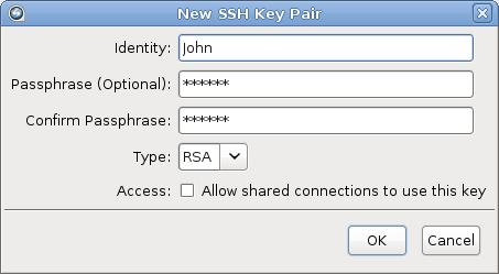 Transferring Files with the Application 34 4. In the New SSH Key Pair window, enter the requested information. Field Description Identity Name your key pair, such as with your user name.