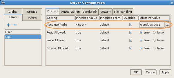 Managing Users in the GUI 63 Global docroot: To set up a global docroot, in the Server Configuration window, click the Global tab.