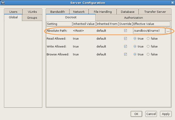 Managing Users in the GUI 64 6. Configure other settings for the specific user. These settings are located in the Docroot, Authorization, Bandwidth, Network, File Handling and Precedence tabs.