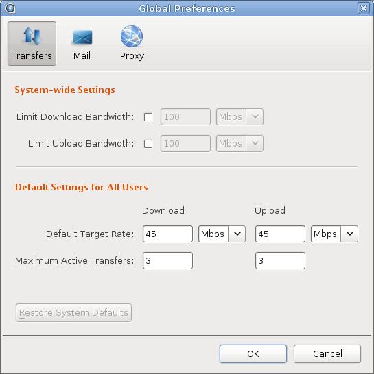 Managing Global Transfer Settings in the GUI 70 Item Description System-Wide Settings The aggregated bandwidth cap for all FASP transfers on this computer.