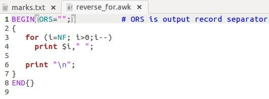 3. Printing the fields in reverse order using for loop. One good property of awk arrays is that they can use strings as subscripts, which we will use below. 4.