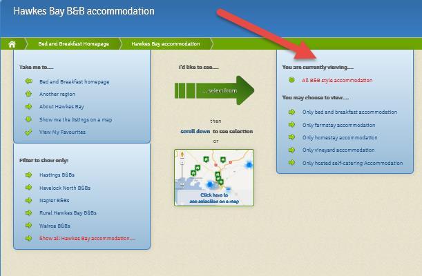 Within your selected region you can, if you wish refine your search for specific accommodation types (right hand selection box): and